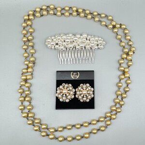 VintageFaux Pearl Lot, Pearl Studded Hair Comb, Necklace, M Vellano Earrings NWT